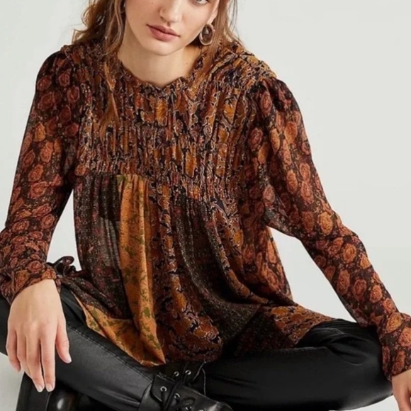 Free People Merrie Mixed Print Boho Style Tunic Top Size Small - Picture 7 of 14